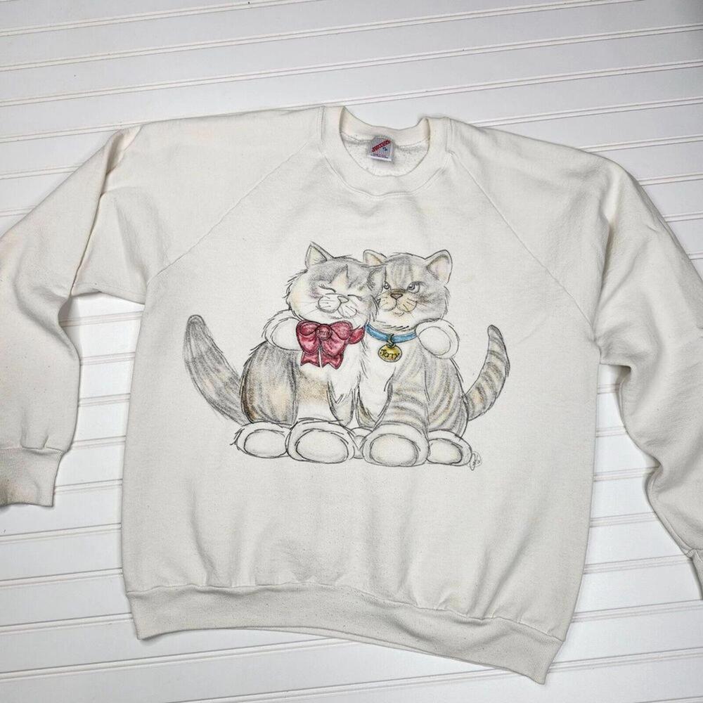 Vintage 90s Jenny & Jerry Cat Sweatshirt Russell Athletic Cream Cozy Cats